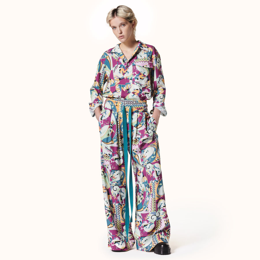 Ribbon Belted Oversized Trousers Fishermen Print