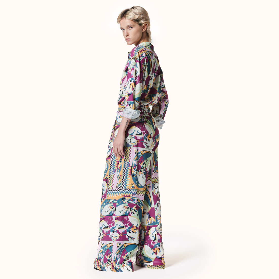 Ribbon Belted Oversized Trousers Fishermen Print