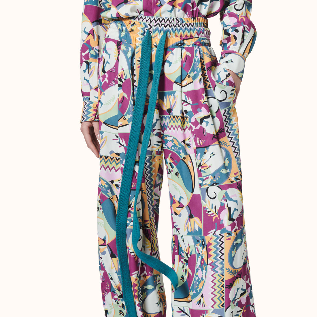 Ribbon Belted Oversized Trousers Fishermen Print